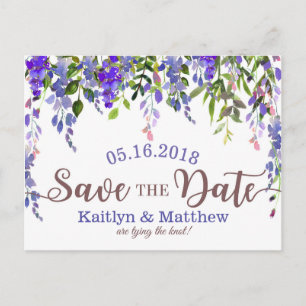 Purple Wisteria Floral Drop Save the Date Announcement Postcard