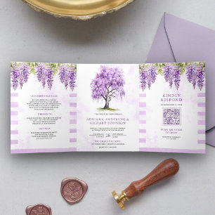 Purple Wisteria Floral Tree Photo QR Code Wedding Tri-Fold Invitation