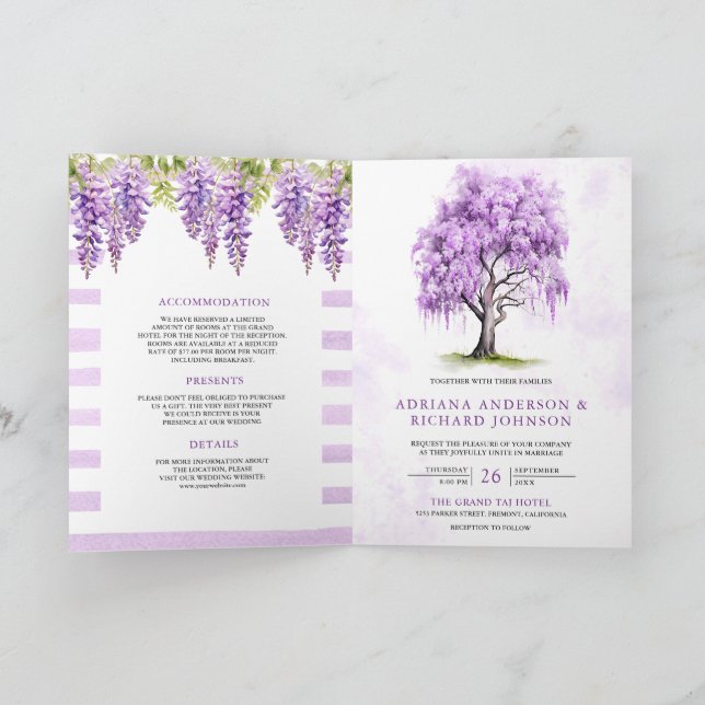 Purple Wisteria Floral Tree QR Code Wedding Invitation (Inside)