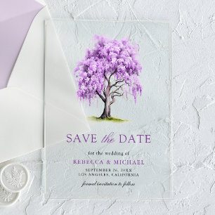 Purple Wisteria Floral Tree Wedding Save the Date Acrylic Invitations