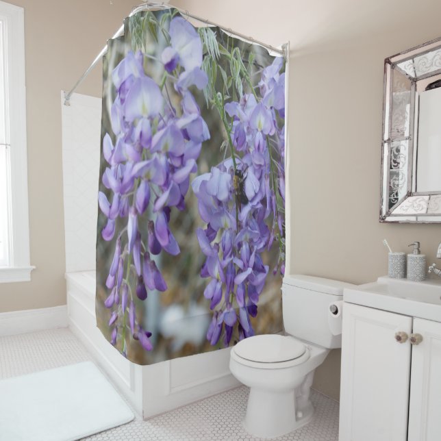 Purple Wisteria Flower in Spring with Bee Photo Shower Curtain (In Situ)