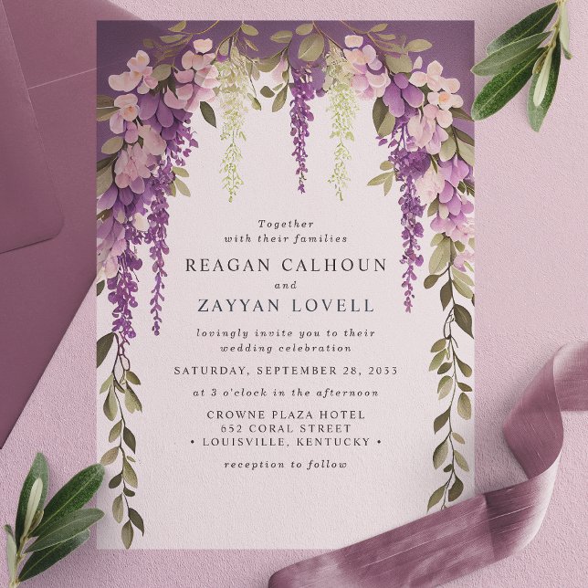 Purple Wisteria Flowers Greenery Modern Wedding Vellum Invitations (Creator Uploaded)