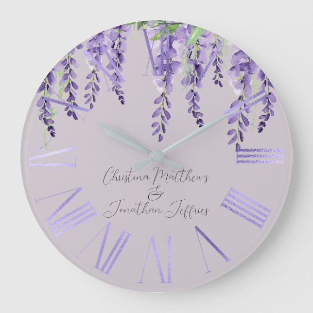 Purple Wisteria Flowers on Elegant Lavender Large Clock (Front)