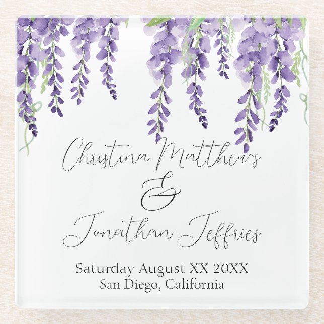 Purple Wisteria Flowers on Elegant White Glass Coaster (Front)