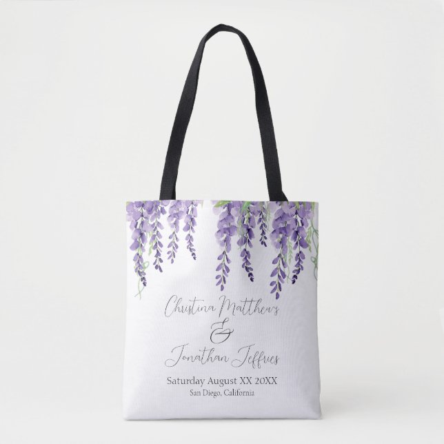 Purple Wisteria Flowers on Elegant White Tote Bag (Front)