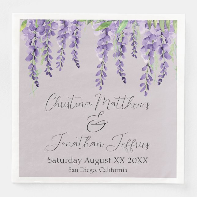 Purple Wisteria Flowers on Lavender Elegant Napkin (Front)