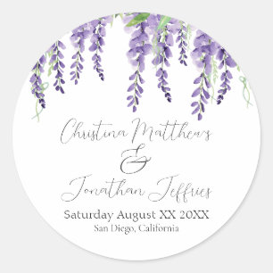 Purple Wisteria Flowers on White Elegant Classic Round Sticker