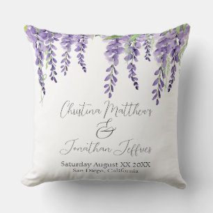 Purple Wisteria Flowers on White Elegant Cushion