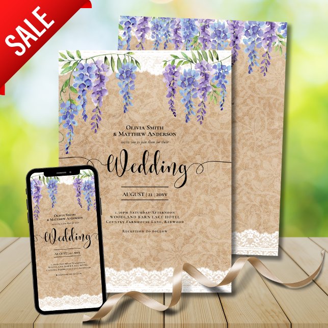 Purple Wisteria Flowers Wedding Rustic Lace Look Invitation (Creator Uploaded)