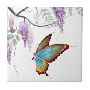 Purple Wisteria Flowy Flowers Butterfly Ceramic Tile