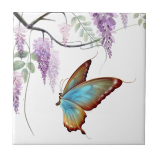 Purple Wisteria Flowy Flowers Butterfly Ceramic Tile