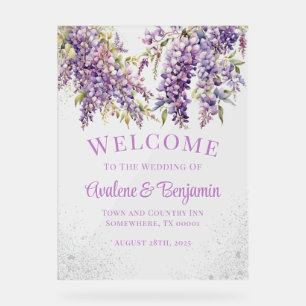 Purple Wisteria Silver Glitter Wedding Welcome Acrylic Sign