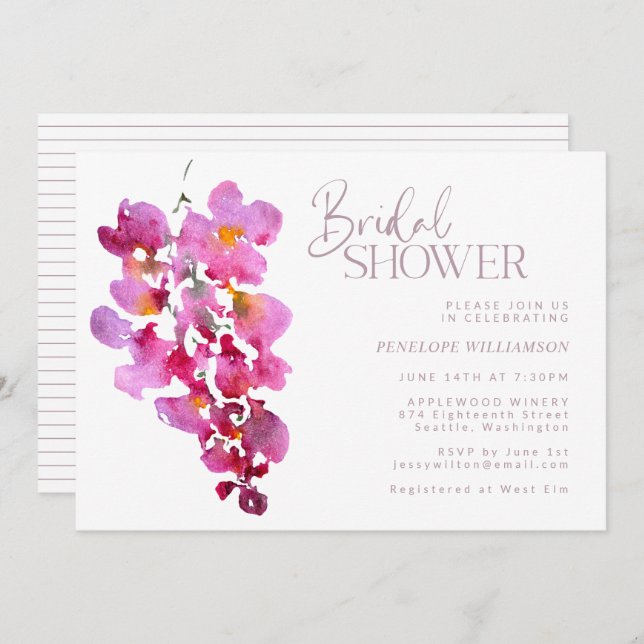 Purple Wisteria Watercolor Stripes Bridal Shower Invitation (Front/Back)