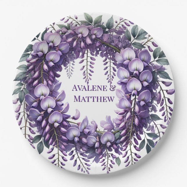 Purple Wisteria Wreath Wedding Paper Plate (Front)