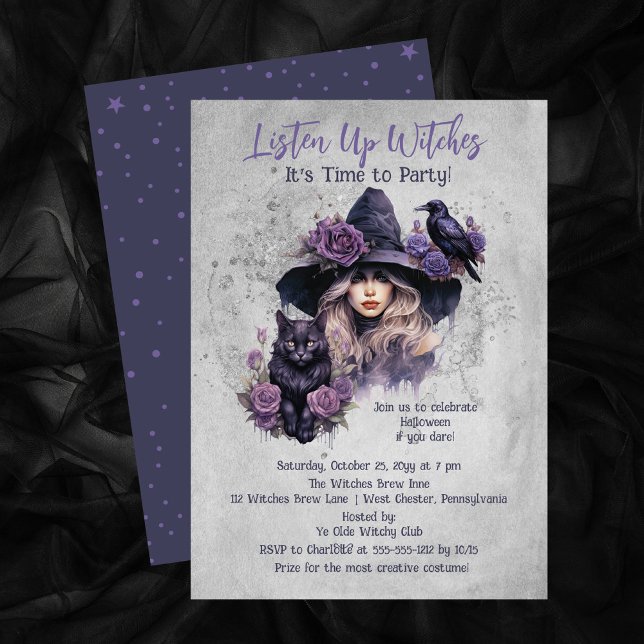 Purple Witch Cat and Raven Halloween Party Invitation (Gather your friends for a Halloween celebration with this "Listen Up Witches It's Time to Party!")
