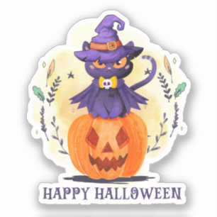 Purple Witch Cat on Pumpkin – Happy Halloween