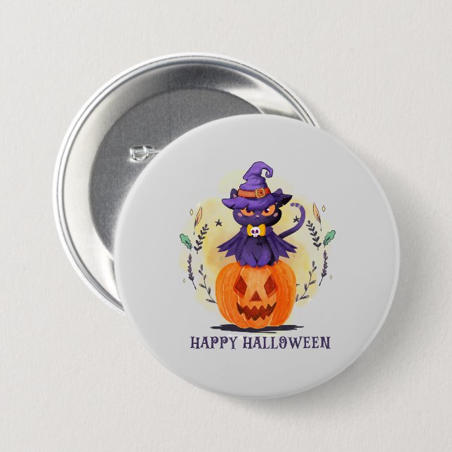 Purple Witch Cat on Pumpkin – Happy Halloween 7.5 Cm Round Badge (Front & Back)