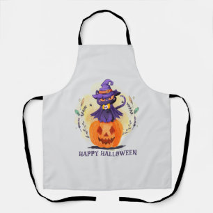 Purple Witch Cat on Pumpkin – Happy Halloween Apron