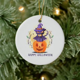 Purple Witch Cat on Pumpkin – Happy Halloween Ceramic Ornament