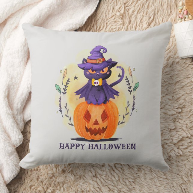 Purple Witch Cat on Pumpkin – Happy Halloween Cushion (Blanket)
