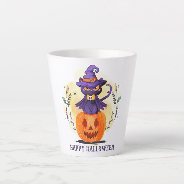 Purple Witch Cat on Pumpkin – Happy Halloween Latte Mug (Front)