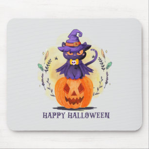 Purple Witch Cat on Pumpkin – Happy Halloween Mouse Pad