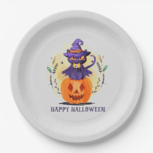Purple Witch Cat on Pumpkin – Happy Halloween Paper Plate