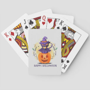 Purple Witch Cat on Pumpkin – Happy Halloween Playing Cards