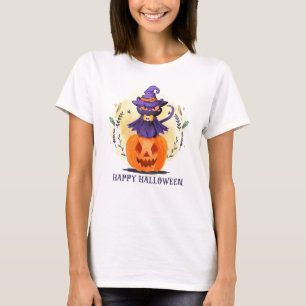 Purple Witch Cat on Pumpkin – Happy Halloween T-Shirt
