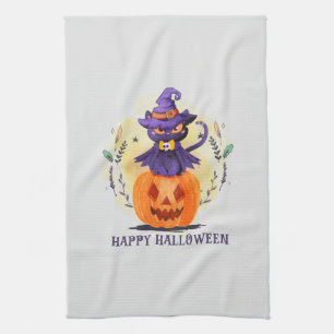 Purple Witch Cat on Pumpkin – Happy Halloween Tea Towel
