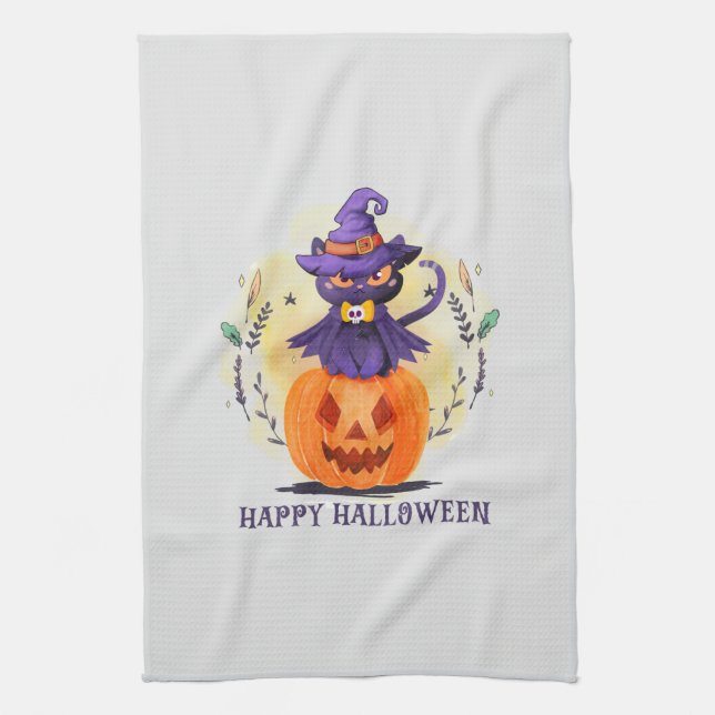 Purple Witch Cat on Pumpkin – Happy Halloween Tea Towel (Vertical)