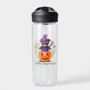 Purple Witch Cat on Pumpkin – Happy Halloween Water Bottle