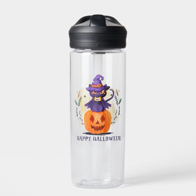 Purple Witch Cat on Pumpkin – Happy Halloween Water Bottle (Front)