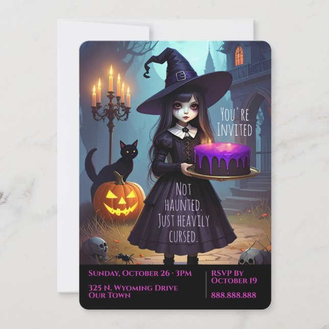 Purple Witch, Creepy Cute, Spooky Witch Halloween Invitation (Front)
