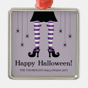Purple Witch Legs And Spiders Happy Halloween Text Metal Ornament