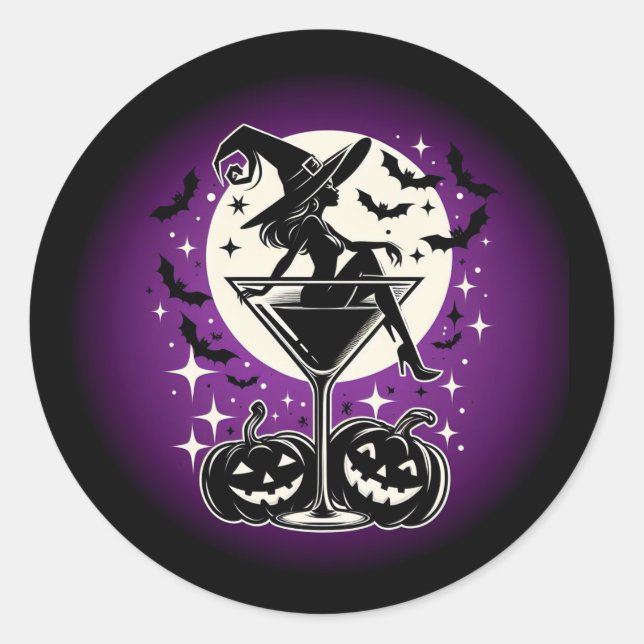 Purple Witch Martini Classic Round Sticker (Front)