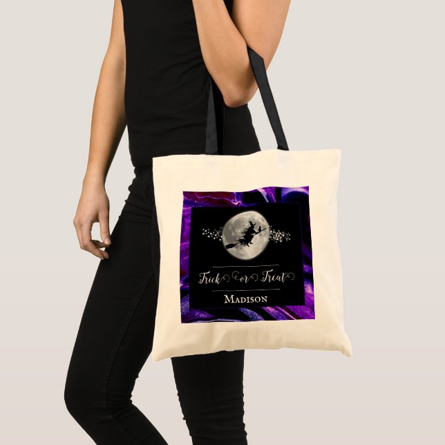 Purple Witch Silhouette Halloween Trick or Treat Tote Bag (Front (Product))
