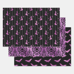 Purple Witch, Skull and Bat Halloween Patterns Wrapping Paper Sheet