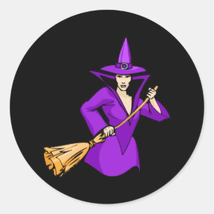 Purple Witch with Broom Classic Round Sticker