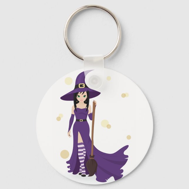 Purple Witch with Broom  Key Ring (Front)