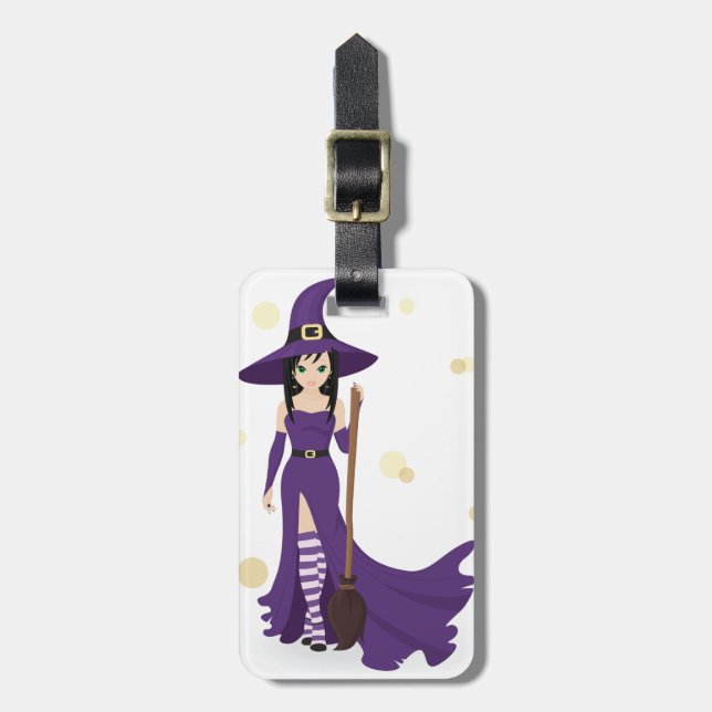 Purple Witch with Broom  Luggage Tag (Front Vertical)
