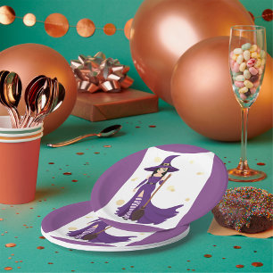 Purple Witch with Broom  Paper Plate