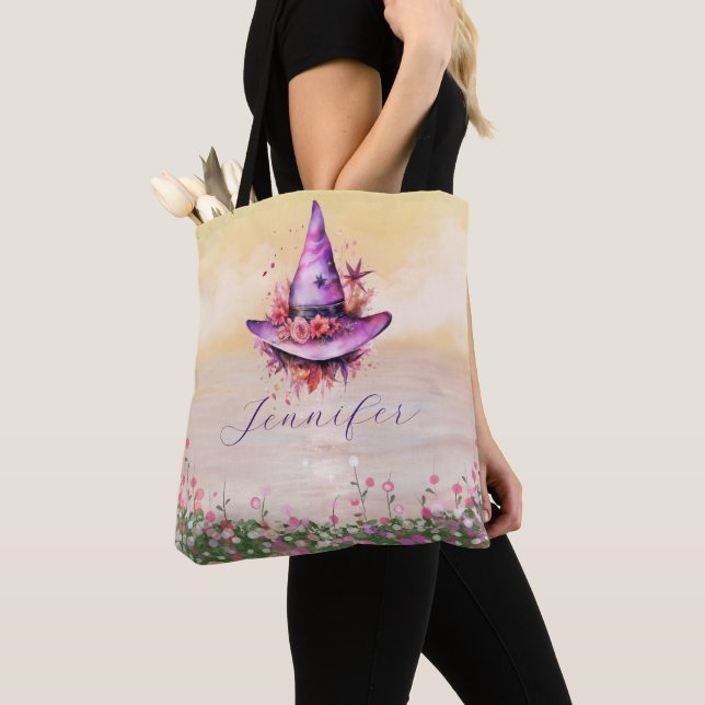 Purple Witches Hat Abstract Flowers Halloween Tote Bag (Close Up)