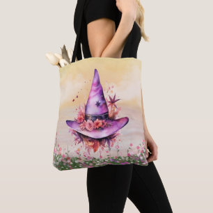Purple Witches Hat Abstract Flowers Halloween Tote Bag