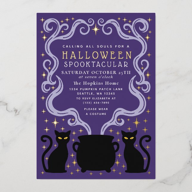 Purple Witchy Black Cat Cauldron Halloween Party (Front)