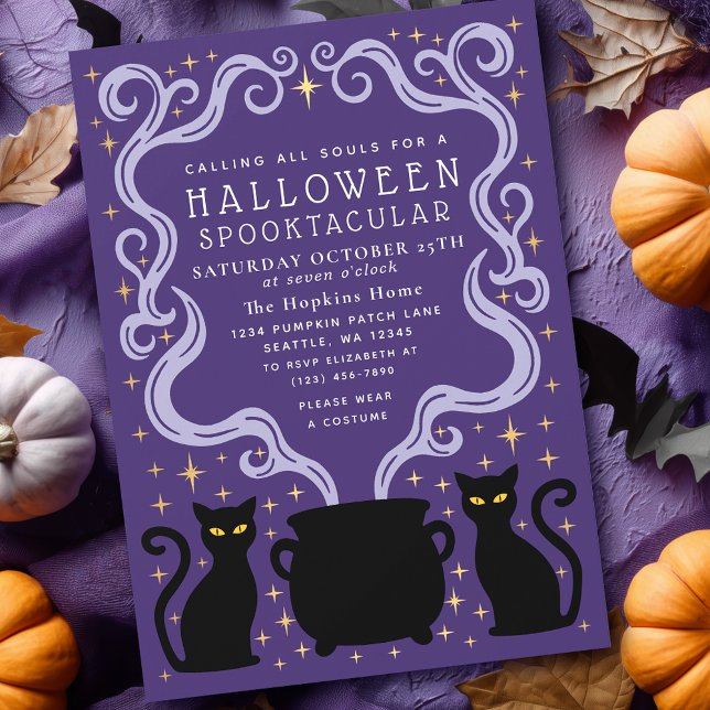 Purple Witchy Black Cat Cauldron Halloween Party Invitation (Creator Uploaded)