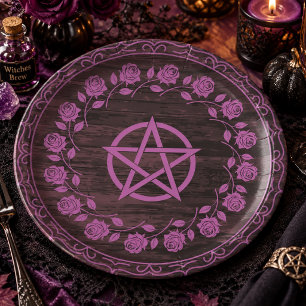 Purple Witchy Pentagram Rose Gothic Paper Plate