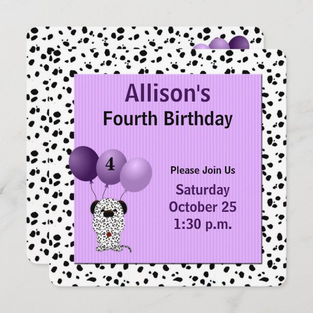Purple with Dalmations 4th Birthday Party Invitation (Front/Back)