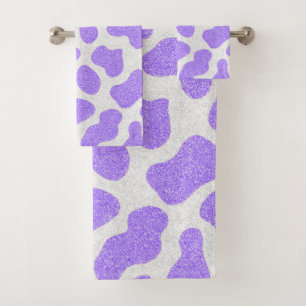 Purple With Glitter All Over Cow Print Bathroom  Bath Towel Set