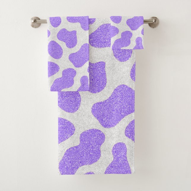 Purple With Glitter All Over Cow Print Bathroom  Bath Towel Set (Insitu)